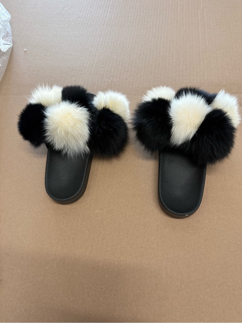 Black & Cream Faux Fur Slide Sandals for Women